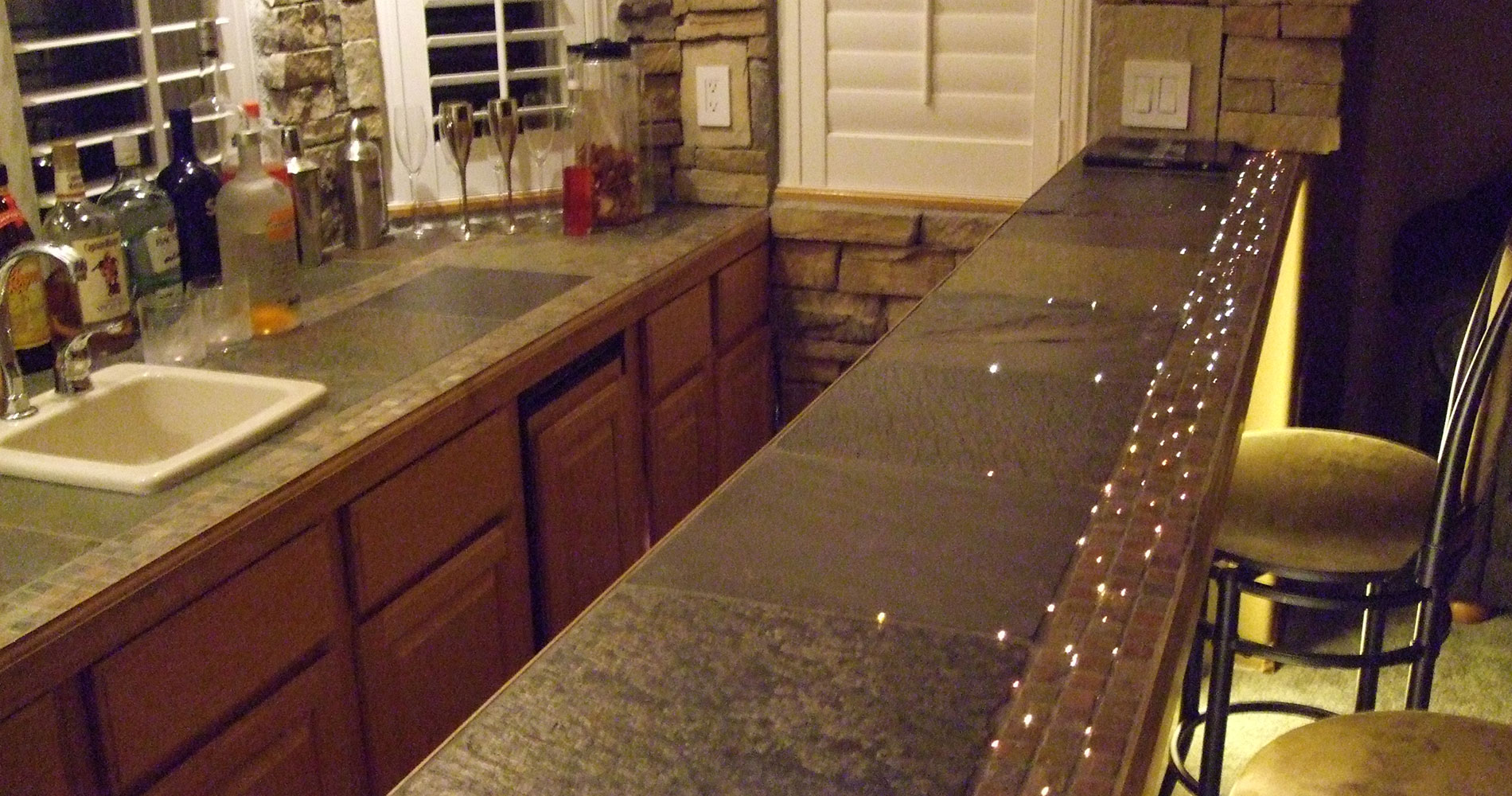 Granite bar top with embedded fiber optic points