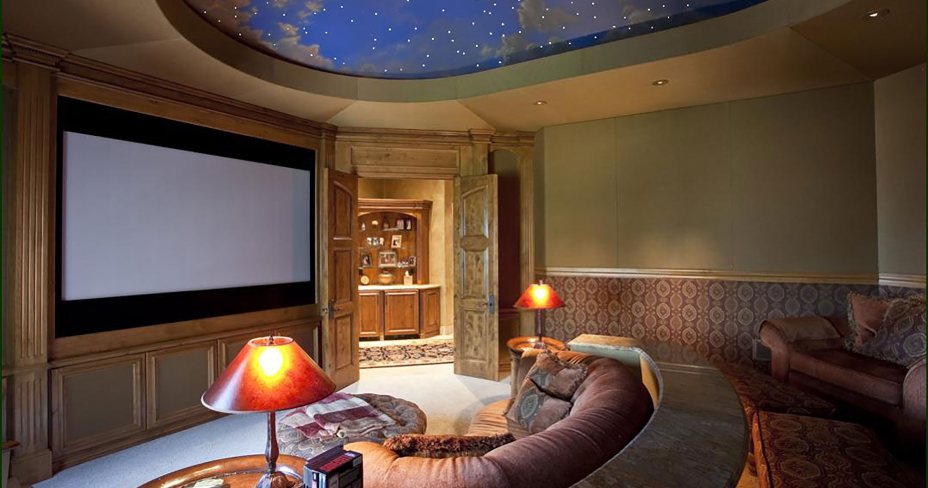 Home theater with a fiber optic star ceiling